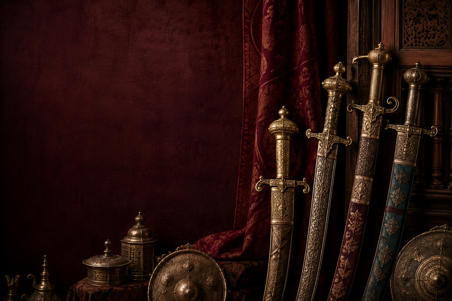 Ornate handcrafted swords and shields displayed in a traditional setting